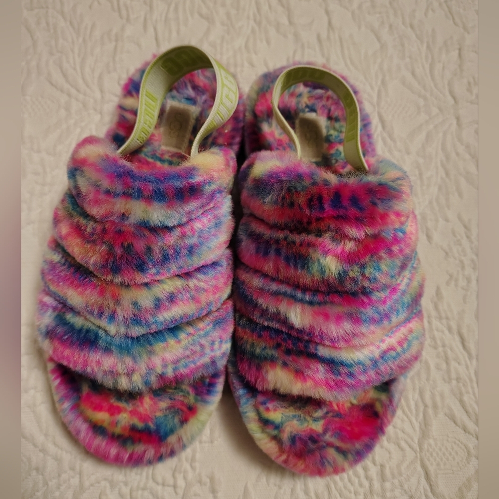 UGG Fluff Multicolor Faux Fur Slippers Size 36